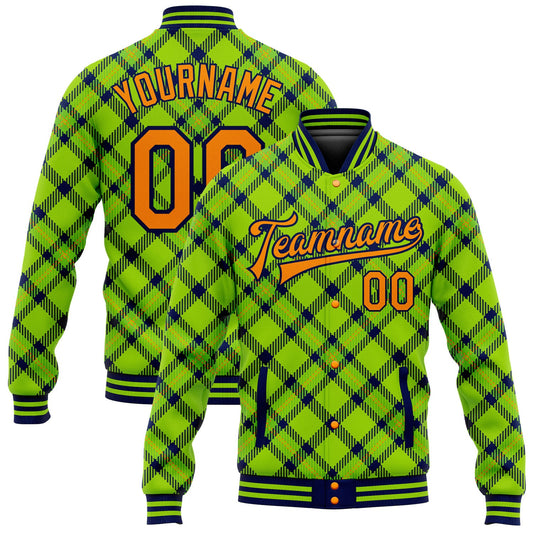 Custom Neon Green Bay Orange-Navy Check Board 3D Pattern Design Bomber Full-Snap Varsity Letterman Jacket - Main View