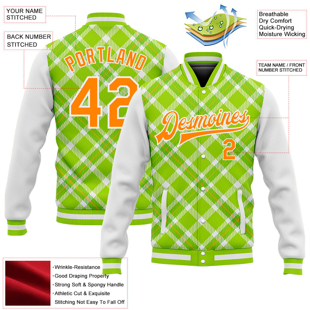 Custom Neon Green Bay Orange-White Check Board 3D Pattern Design Bomber Full-Snap Varsity Letterman Jacket view 5