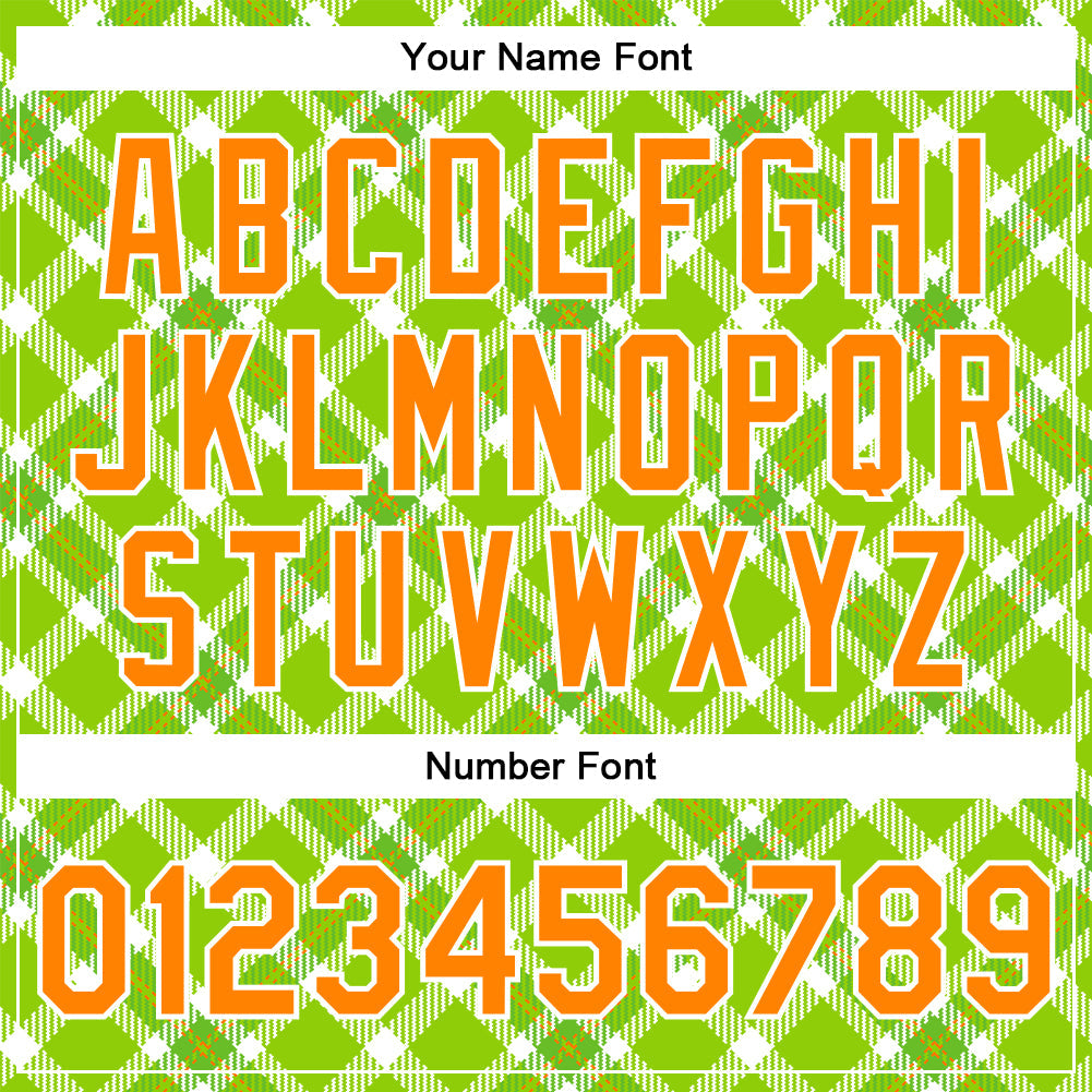 Custom Neon Green Bay Orange-White Check Board 3D Pattern Design Bomber Full-Snap Varsity Letterman Jacket view 7