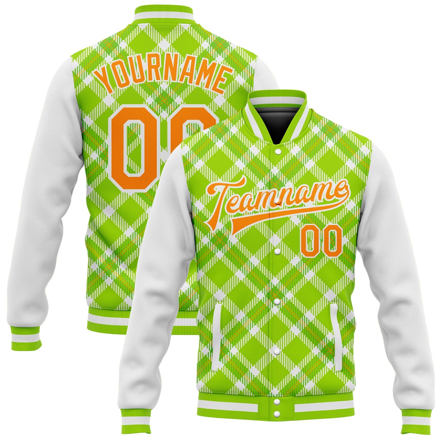 Custom Neon Green Bay Orange-White Check Board 3D Pattern Design Bomber Full-Snap Varsity Letterman Jacket - Main View