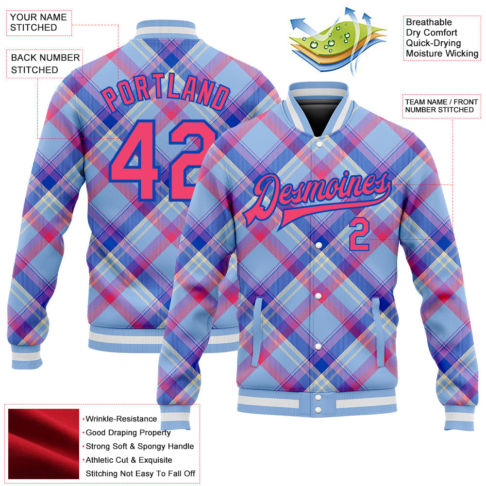 Custom Light Blue Neon Pink Thunder Blue-Cream Check Board 3D Pattern Design Bomber Full-Snap Varsity Letterman Jacket view 5