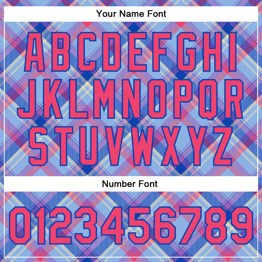 Custom Light Blue Neon Pink Thunder Blue-Cream Check Board 3D Pattern Design Bomber Full-Snap Varsity Letterman Jacket view 7