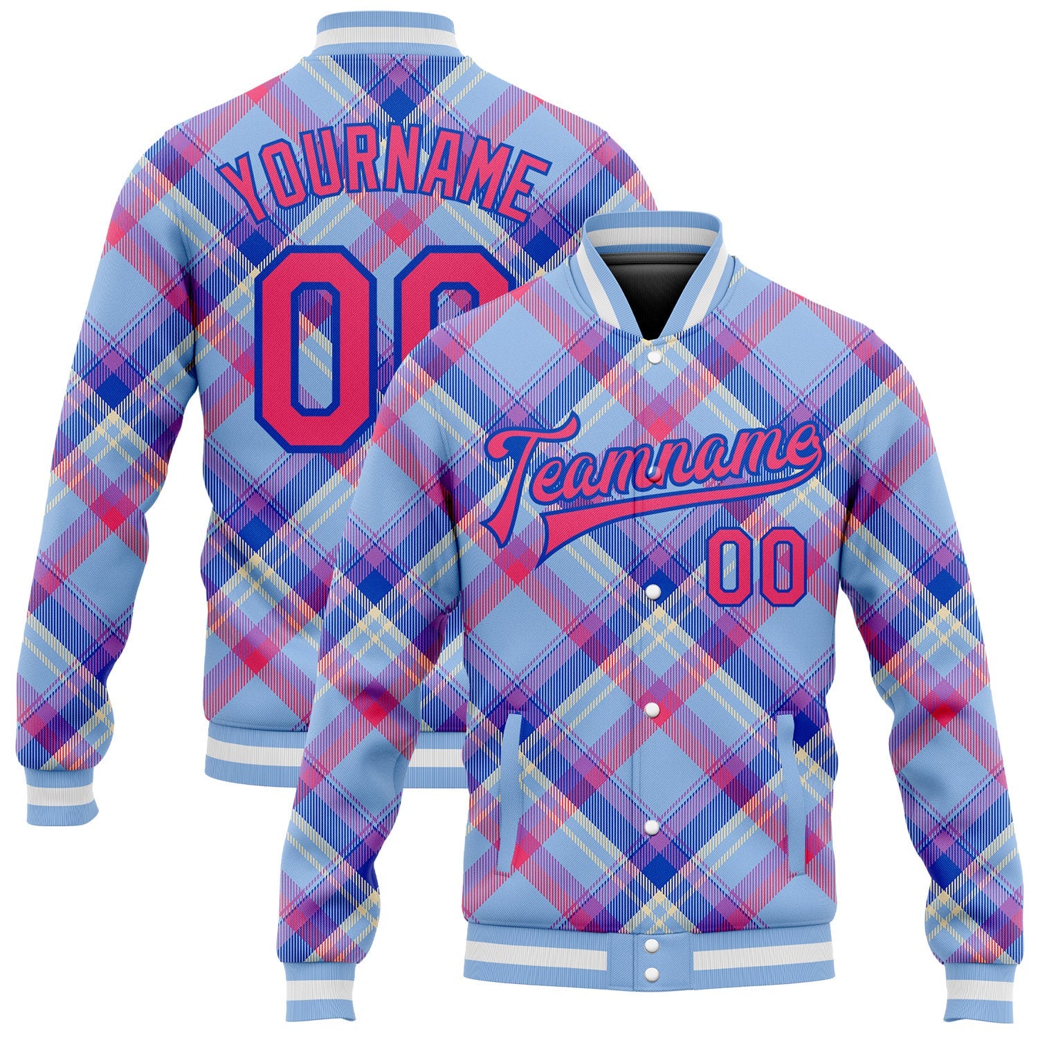 Custom Light Blue Neon Pink Thunder Blue-Cream Check Board 3D Pattern Design Bomber Full-Snap Varsity Letterman Jacket - Main View