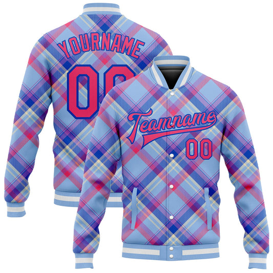 Custom Light Blue Neon Pink Thunder Blue-Cream Check Board 3D Pattern Design Bomber Full-Snap Varsity Letterman Jacket - Main View