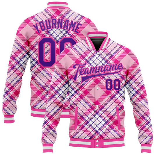 Custom Light Pink Purple-Pink Check Board 3D Pattern Design Bomber Full-Snap Varsity Letterman Jacket - Main View