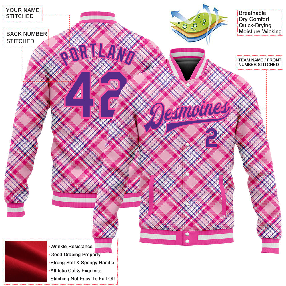 Custom Light Pink Purple-Pink Check Board 3D Pattern Design Bomber Full-Snap Varsity Letterman Jacket view 5