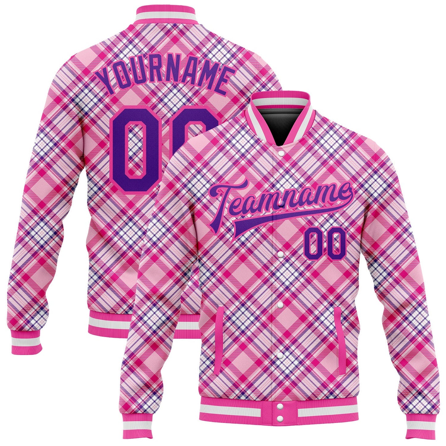 Custom Light Pink Purple-Pink Check Board 3D Pattern Design Bomber Full-Snap Varsity Letterman Jacket - Main View