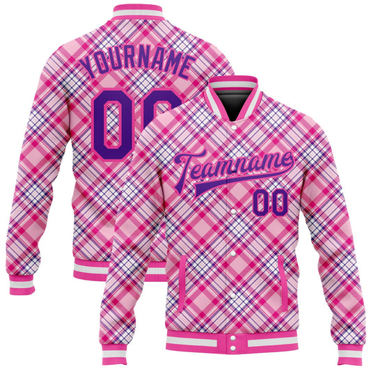 Custom Light Pink Purple-Pink Check Board 3D Pattern Design Bomber Full-Snap Varsity Letterman Jacket - Main View