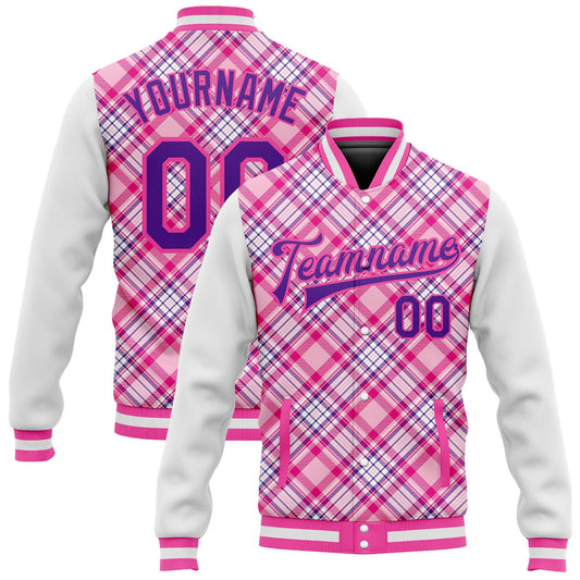 Custom Light Pink Purple-Pink Check Board 3D Pattern Design Bomber Full-Snap Varsity Letterman Jacket - Main View