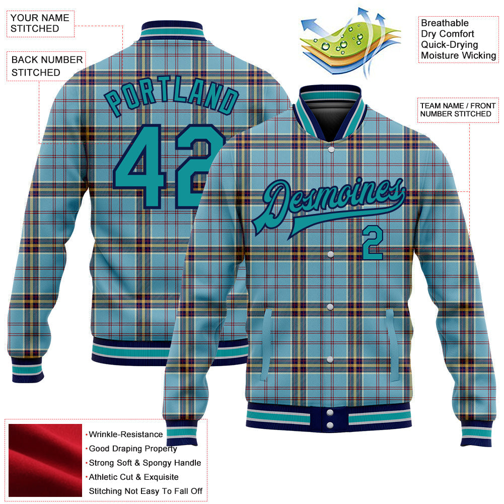 Custom Shadow Blue Teal Navy-Gray Classic Western Plaid 3D Pattern Design Bomber Full-Snap Varsity Letterman Jacket view 5