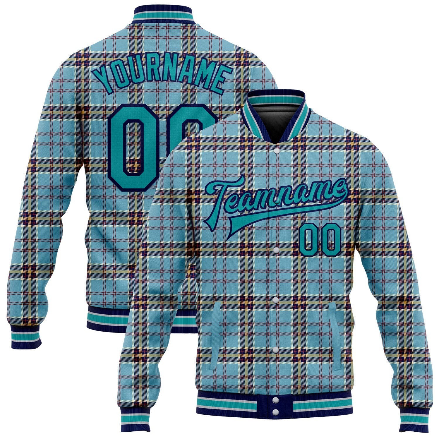 Custom Shadow Blue Teal Navy-Gray Classic Western Plaid 3D Pattern Design Bomber Full-Snap Varsity Letterman Jacket - Main View