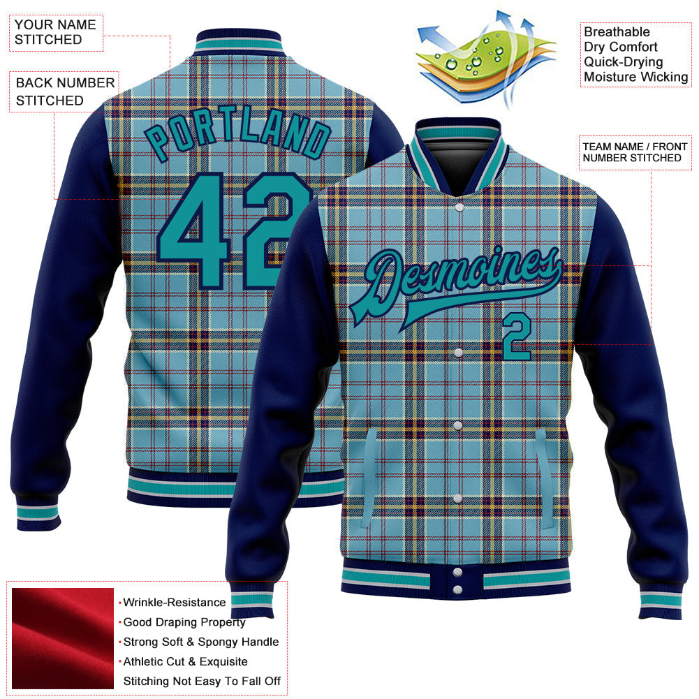 Custom Shadow Blue Teal Navy-Gray Classic Western Plaid 3D Pattern Design Bomber Full-Snap Varsity Letterman Jacket view 5