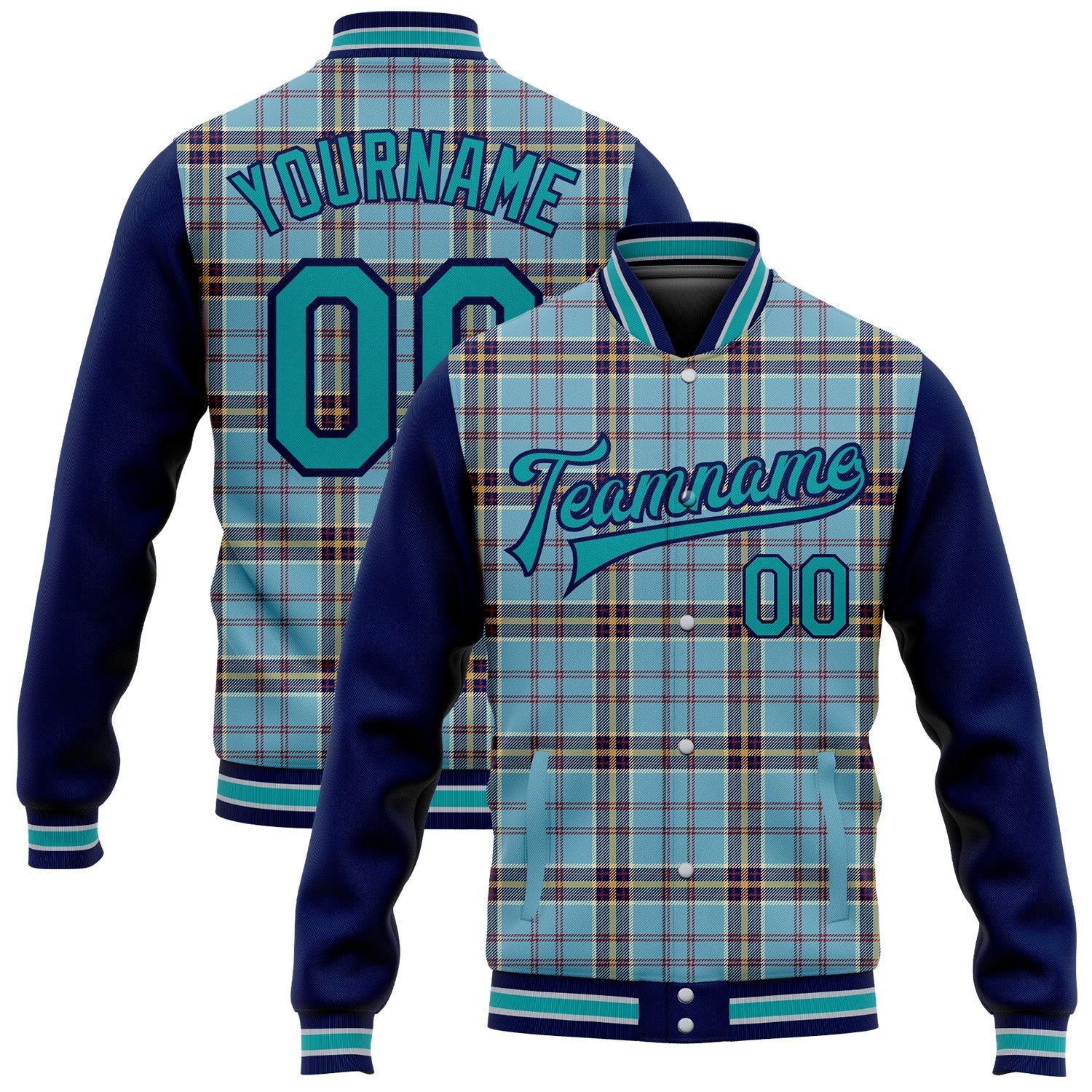 Custom Shadow Blue Teal Navy-Gray Classic Western Plaid 3D Pattern Design Bomber Full-Snap Varsity Letterman Jacket - Main View