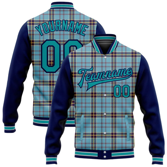 Custom Shadow Blue Teal Navy-Gray Classic Western Plaid 3D Pattern Design Bomber Full-Snap Varsity Letterman Jacket - Main View