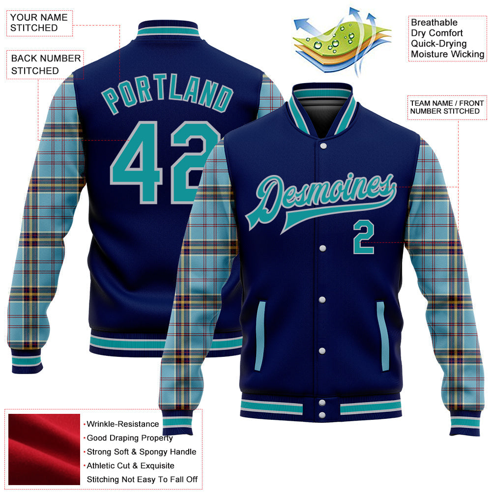 Custom Navy Teal Gray-Shadow Blue Classic Western Plaid 3D Pattern Design Bomber Full-Snap Varsity Letterman Jacket view 5