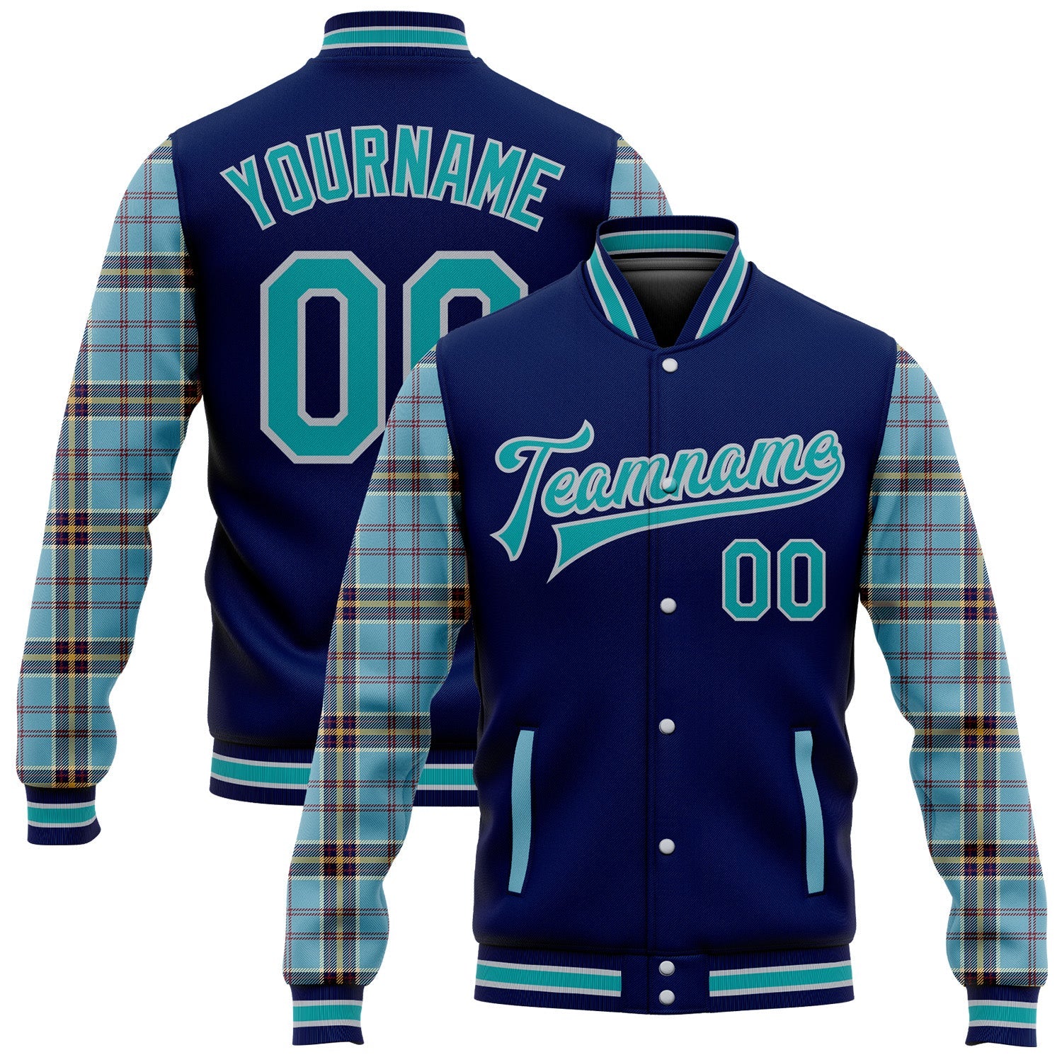 Custom Navy Teal Gray-Shadow Blue Classic Western Plaid 3D Pattern Design Bomber Full-Snap Varsity Letterman Jacket - Main View
