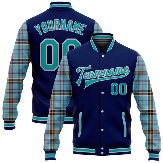 Custom Navy Teal Gray-Shadow Blue Classic Western Plaid 3D Pattern Design Bomber Full-Snap Varsity Letterman Jacket - Main View