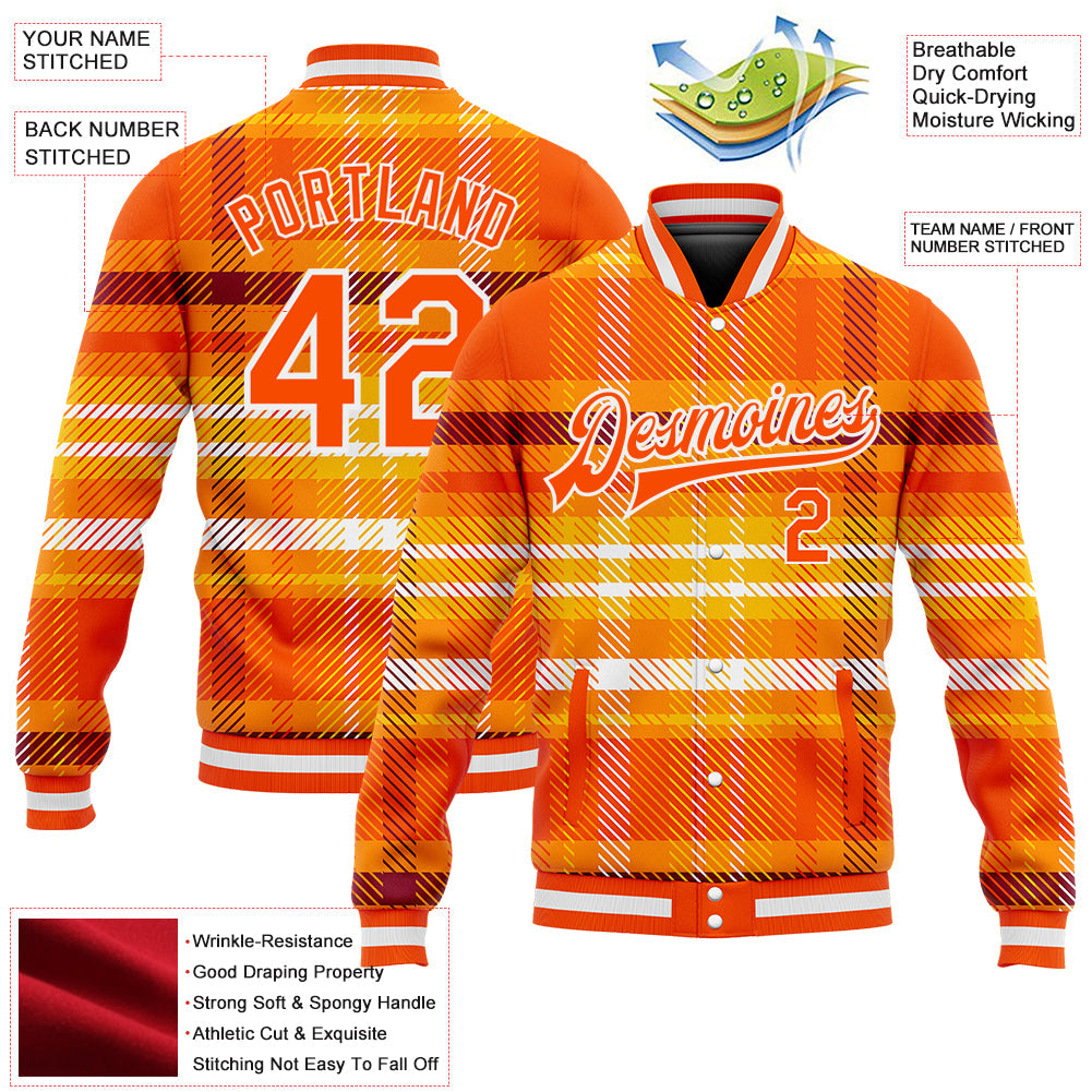 Custom Orange White Check Board 3D Pattern Design Bomber Full-Snap Varsity Letterman Jacket view 5