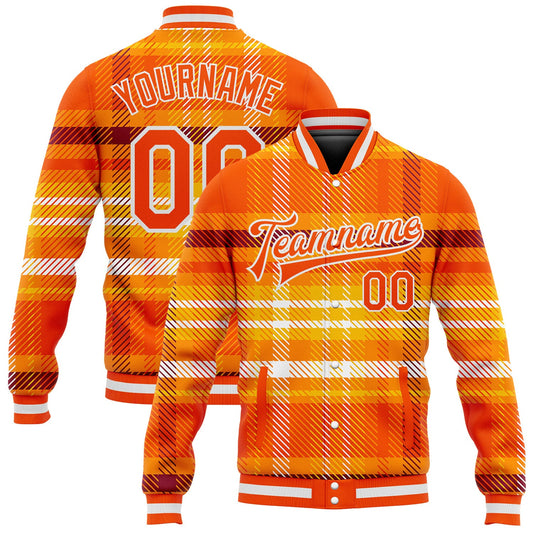 Custom Orange White Check Board 3D Pattern Design Bomber Full-Snap Varsity Letterman Jacket - Main View