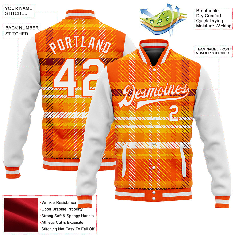 Custom Orange White Check Board 3D Pattern Design Bomber Full-Snap Varsity Letterman Jacket view 5