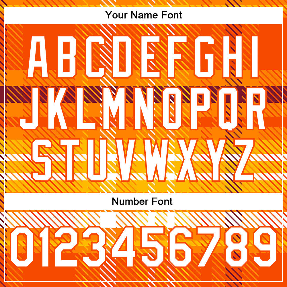 Custom Orange White Check Board 3D Pattern Design Bomber Full-Snap Varsity Letterman Jacket view 7