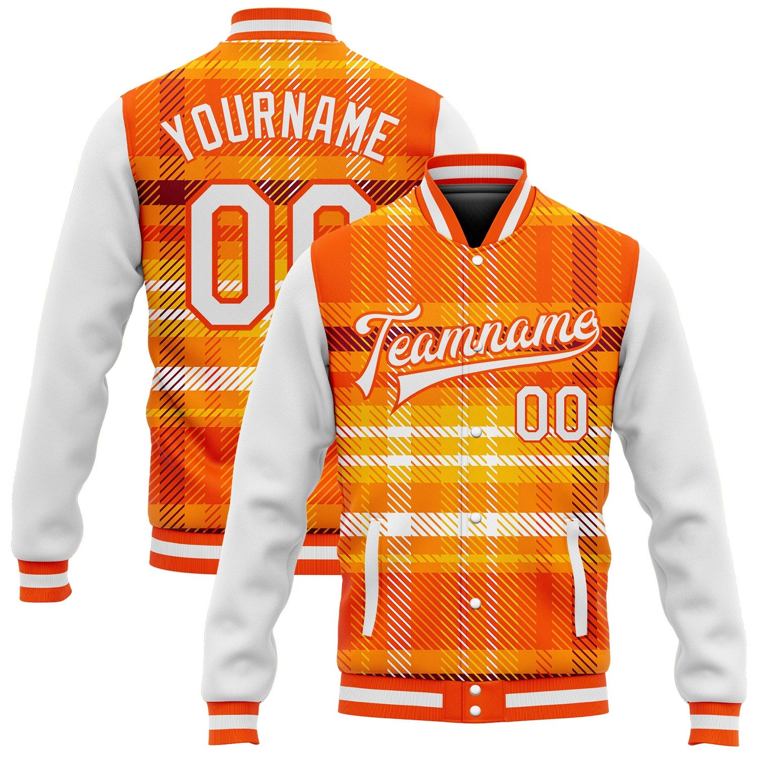 Custom Orange White Check Board 3D Pattern Design Bomber Full-Snap Varsity Letterman Jacket - Main View