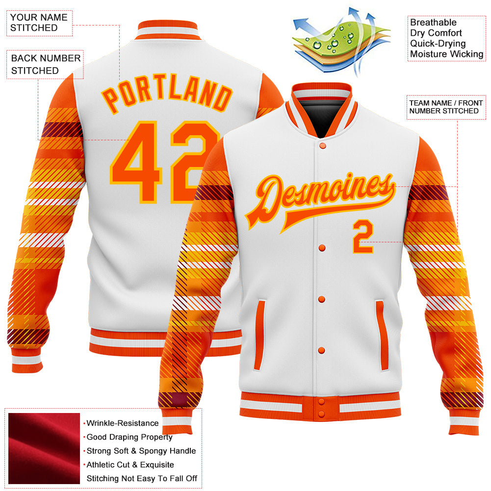 Custom White Orange-Gold Check Board 3D Pattern Design Bomber Full-Snap Varsity Letterman Jacket view 5