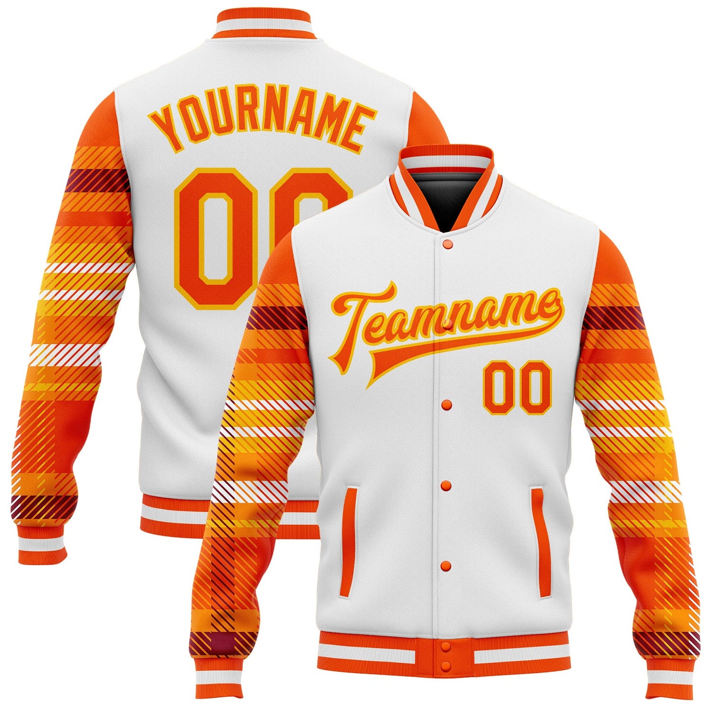 Custom White Orange-Gold Check Board 3D Pattern Design Bomber Full-Snap Varsity Letterman Jacket - Main View