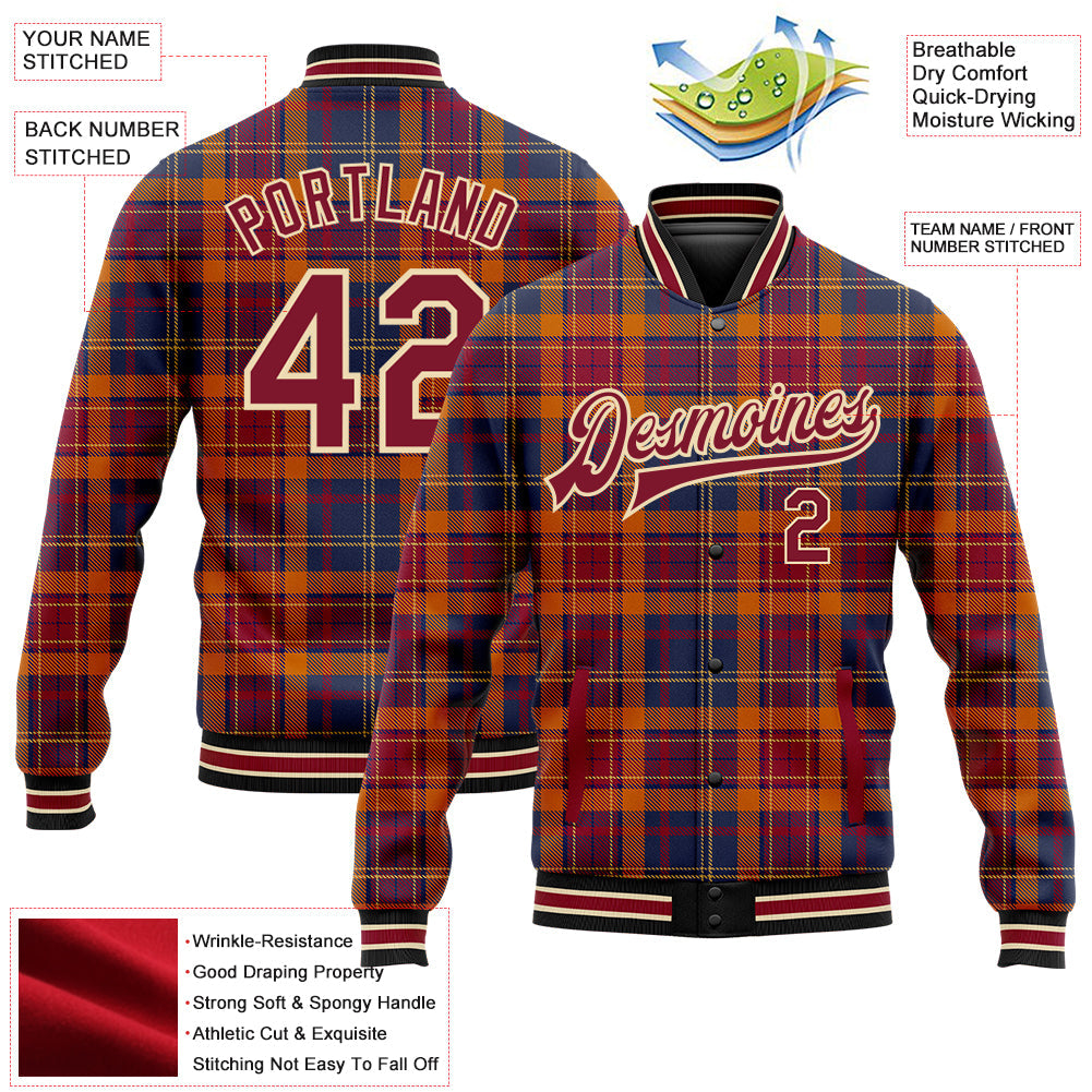 Custom Crimson Cream Black-City Cream Classic Western Plaid 3D Pattern Design Bomber Full-Snap Varsity Letterman Jacket view 5