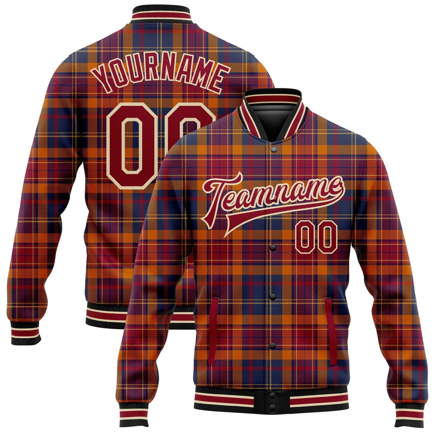 Custom Crimson Cream Black-City Cream Classic Western Plaid 3D Pattern Design Bomber Full-Snap Varsity Letterman Jacket - Main View