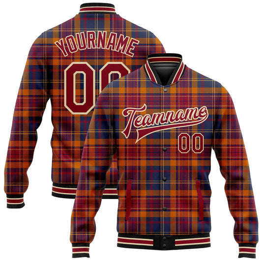 Custom Crimson Cream Black-City Cream Classic Western Plaid 3D Pattern Design Bomber Full-Snap Varsity Letterman Jacket - Main View