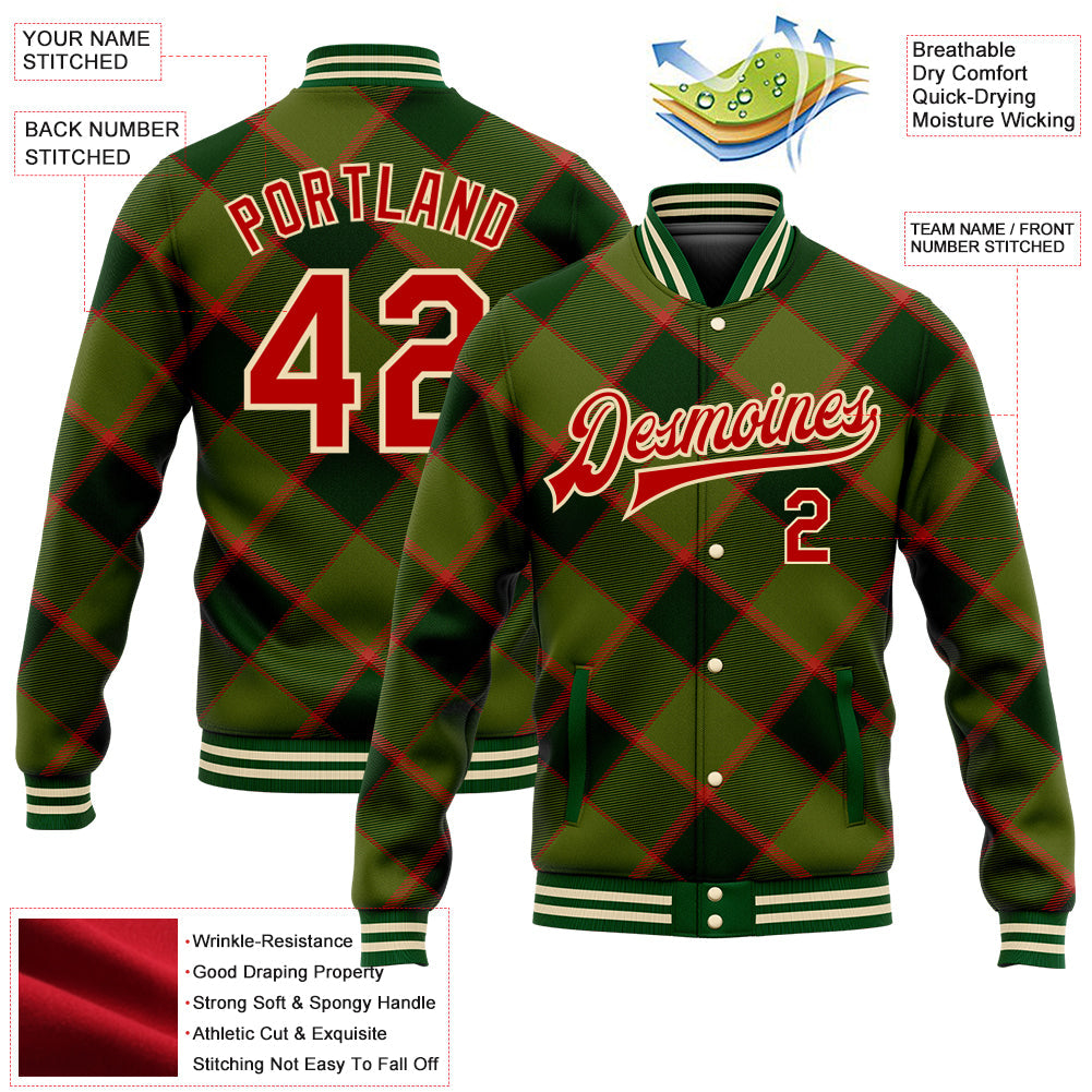Custom Green Red-Cream Check Board 3D Pattern Design Bomber Full-Snap Varsity Letterman Jacket view 5