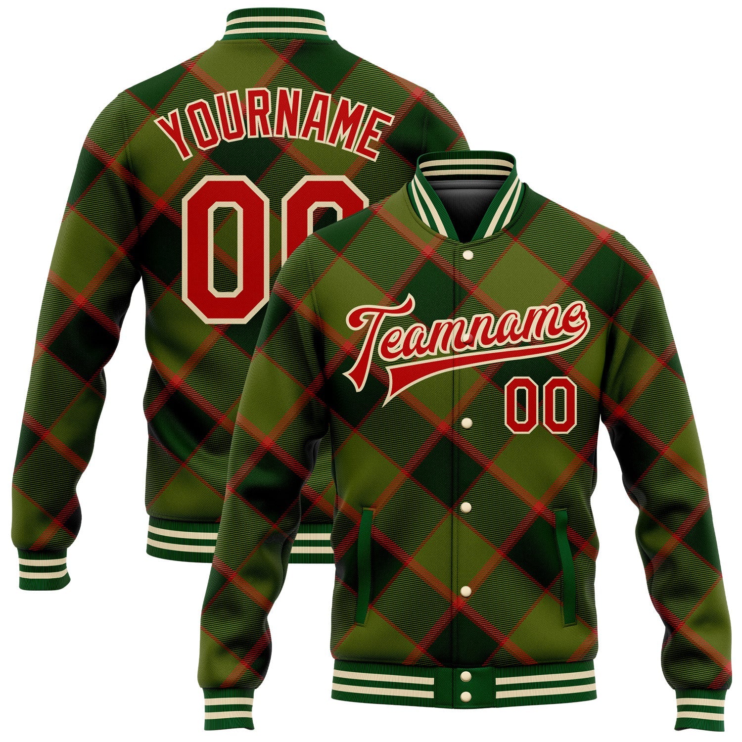 Custom Green Red-Cream Check Board 3D Pattern Design Bomber Full-Snap Varsity Letterman Jacket - Main View