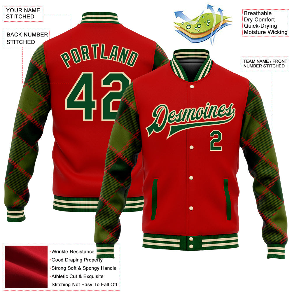 Custom Red Green-Cream Check Board 3D Pattern Design Bomber Full-Snap Varsity Letterman Jacket view 5