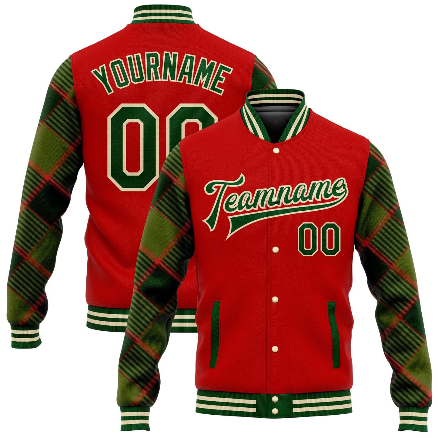Custom Red Green-Cream Check Board 3D Pattern Design Bomber Full-Snap Varsity Letterman Jacket - Main View
