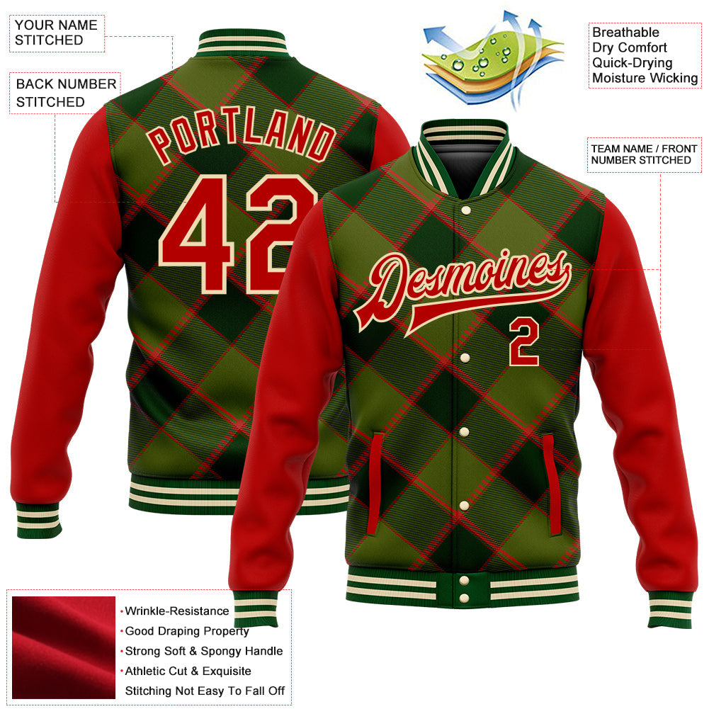 Custom Green Red-Cream Check Board 3D Pattern Design Bomber Full-Snap Varsity Letterman Jacket view 5