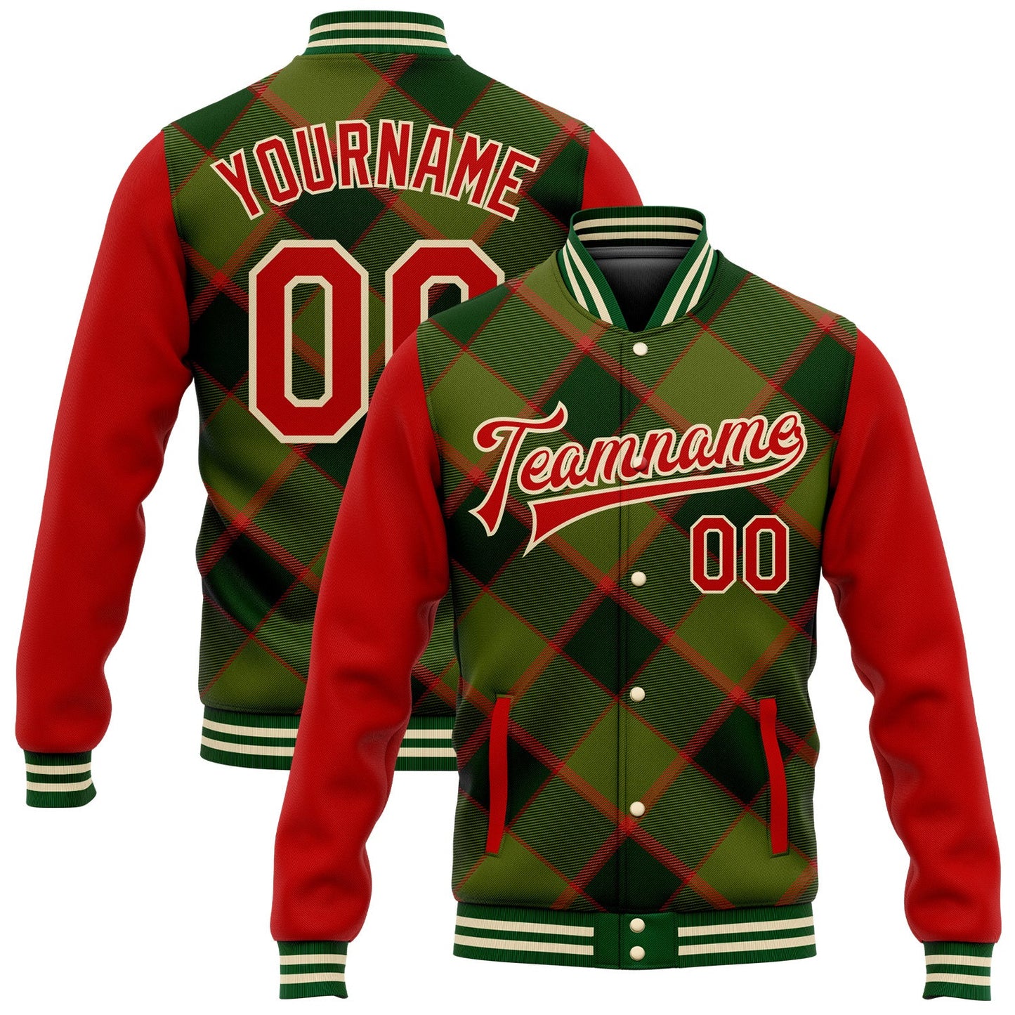 Custom Green Red-Cream Check Board 3D Pattern Design Bomber Full-Snap Varsity Letterman Jacket - Main View