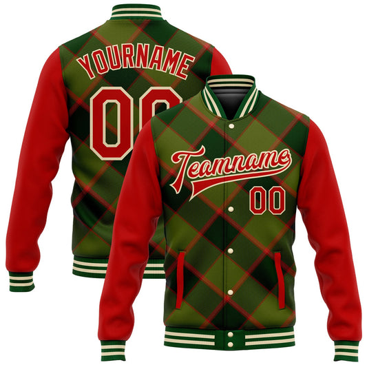 Custom Green Red-Cream Check Board 3D Pattern Design Bomber Full-Snap Varsity Letterman Jacket - Main View