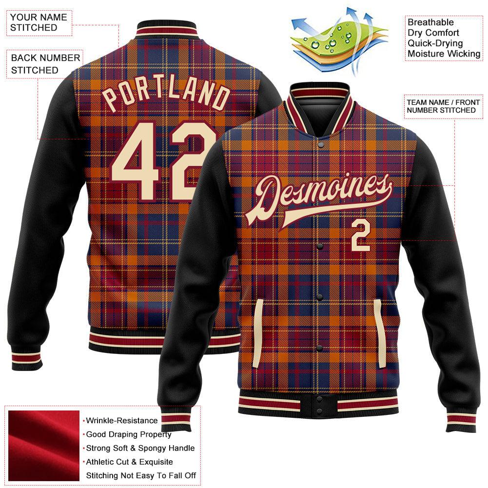 Custom Crimson Cream Black-City Cream Classic Western Plaid 3D Pattern Design Bomber Full-Snap Varsity Letterman Jacket view 5