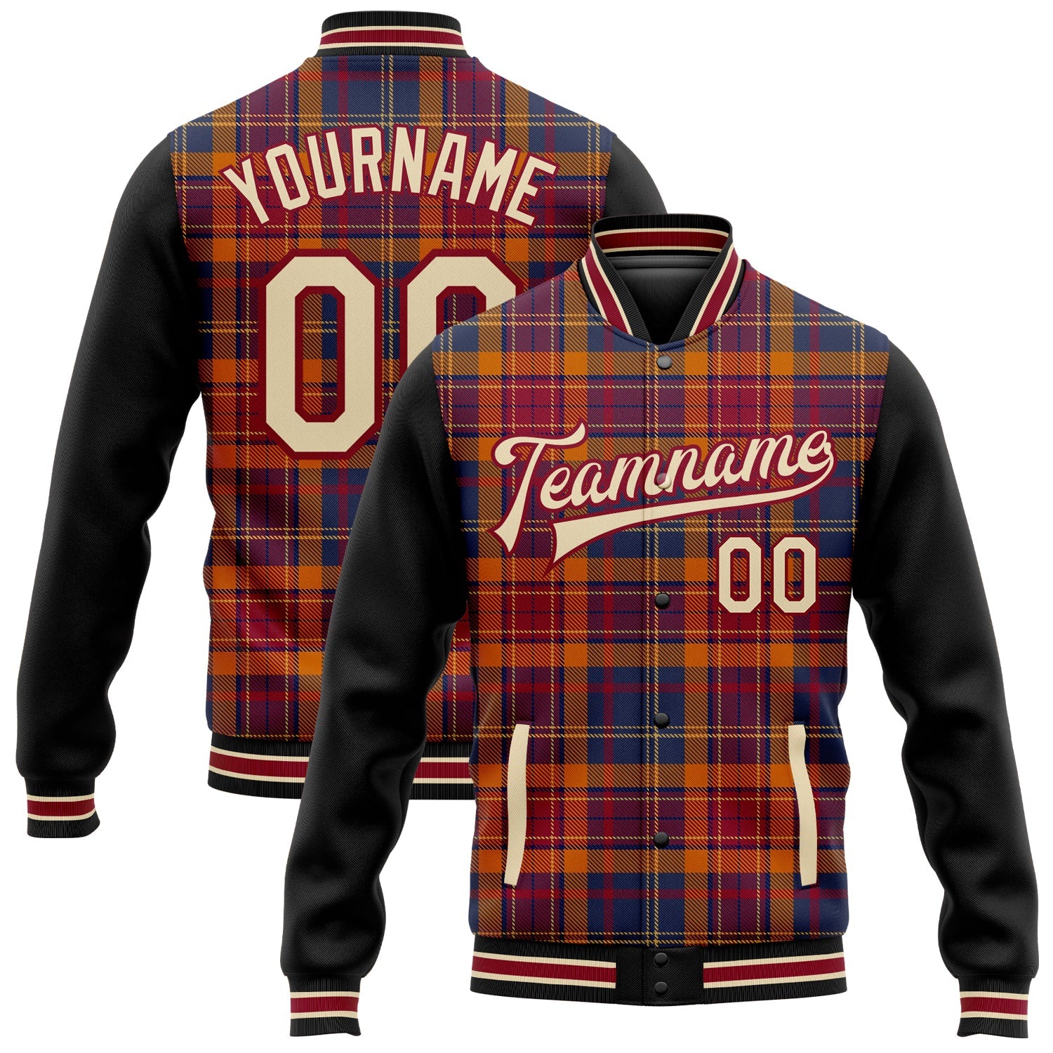 Custom Crimson Cream Black-City Cream Classic Western Plaid 3D Pattern Design Bomber Full-Snap Varsity Letterman Jacket - Main View