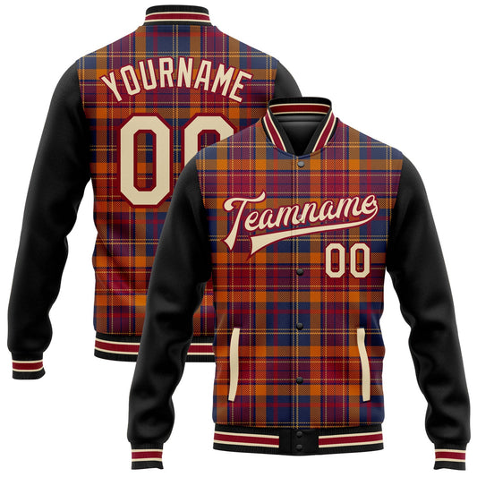 Custom Crimson Cream Black-City Cream Classic Western Plaid 3D Pattern Design Bomber Full-Snap Varsity Letterman Jacket - Main View