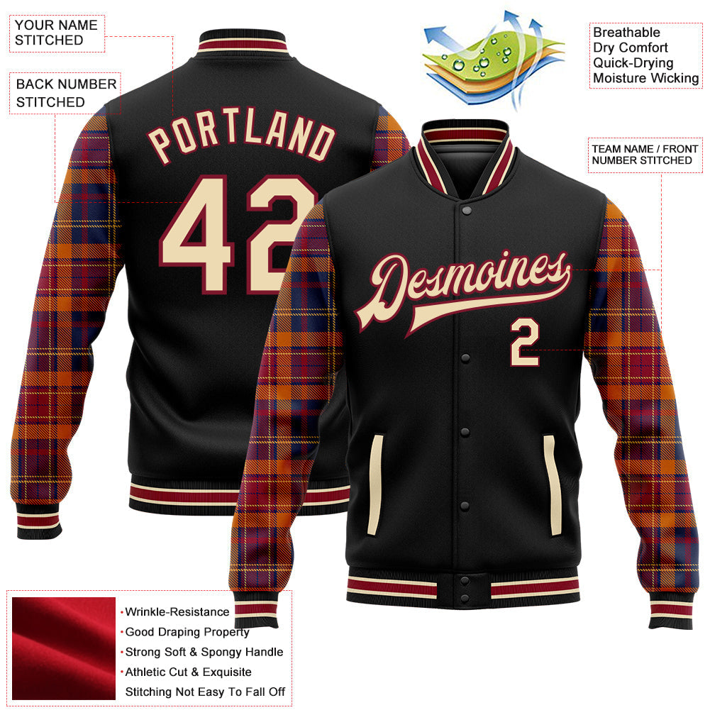 Custom Black Cream Crimson-City Cream Classic Western Plaid 3D Pattern Design Bomber Full-Snap Varsity Letterman Jacket view 5