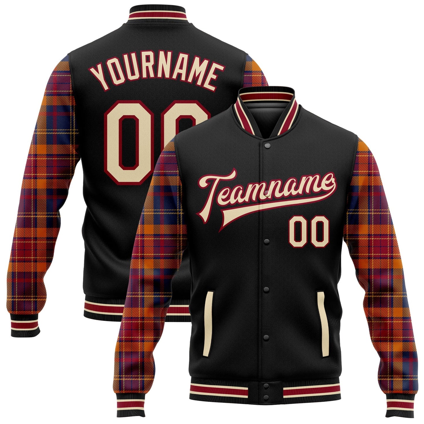 Custom Black Cream Crimson-City Cream Classic Western Plaid 3D Pattern Design Bomber Full-Snap Varsity Letterman Jacket - Main View