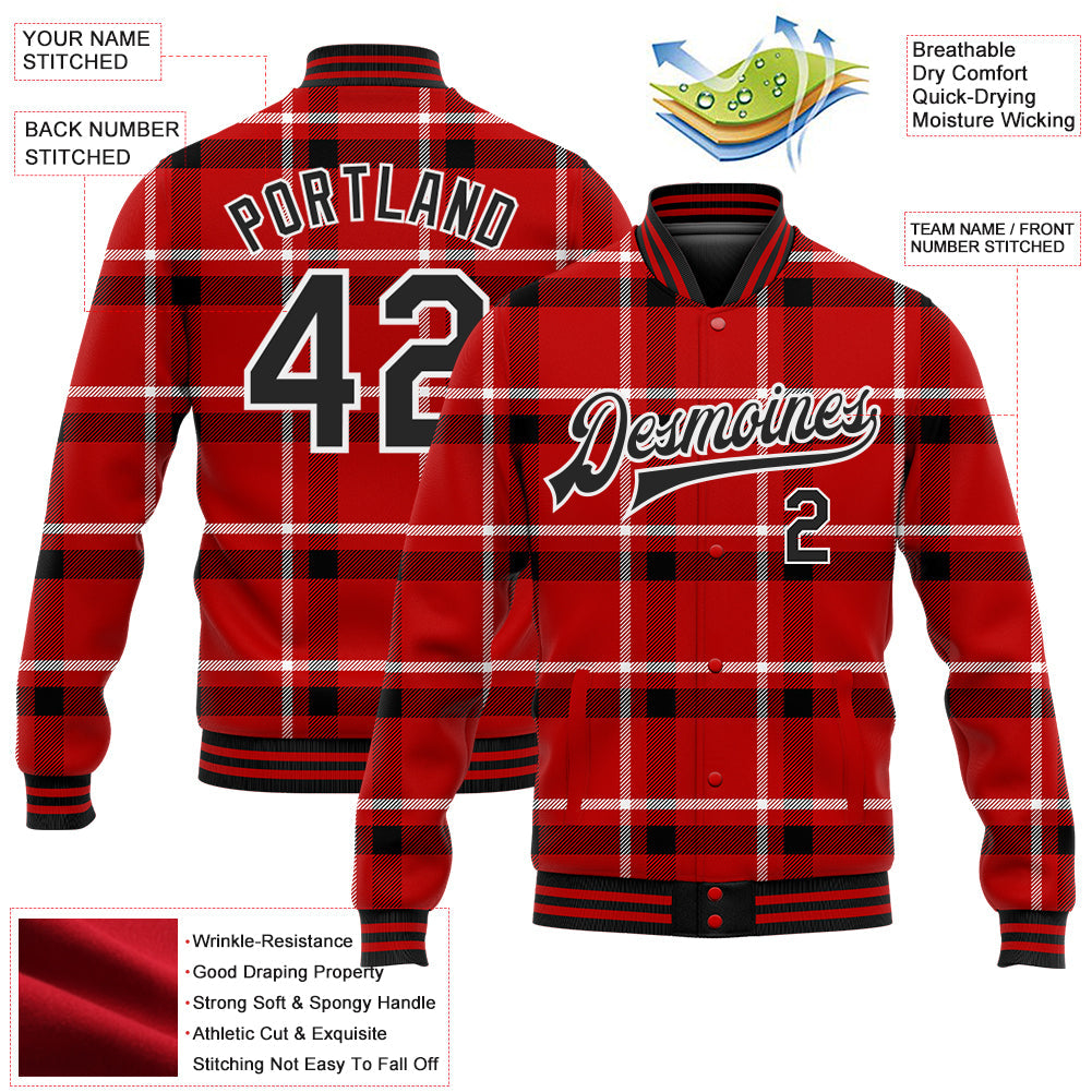Custom Red Black-White Classic Western Plaid 3D Pattern Design Bomber Full-Snap Varsity Letterman Jacket view 5