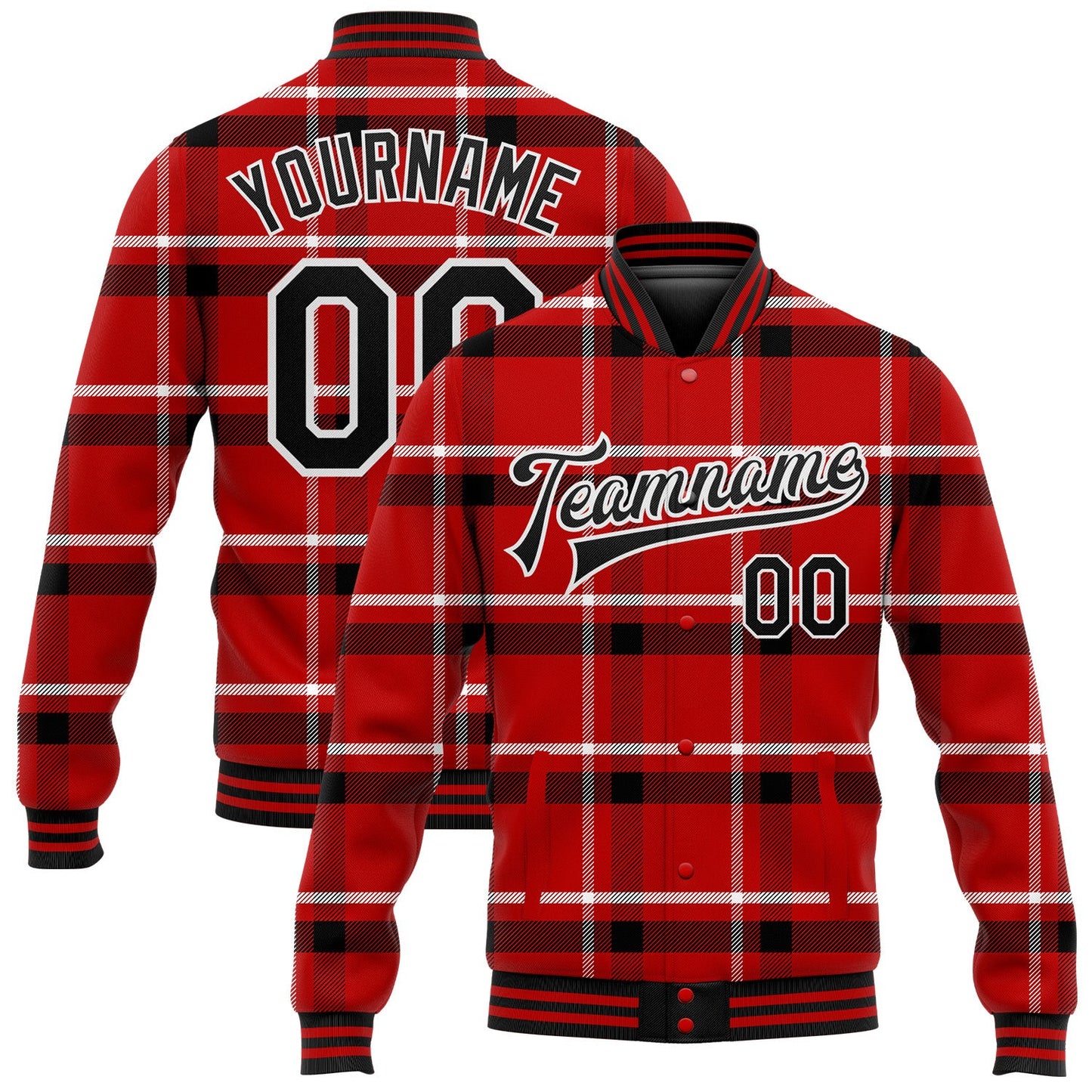 Custom Red Black-White Classic Western Plaid 3D Pattern Design Bomber Full-Snap Varsity Letterman Jacket - Main View