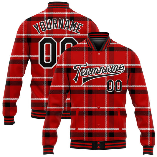Custom Red Black-White Classic Western Plaid 3D Pattern Design Bomber Full-Snap Varsity Letterman Jacket - Main View