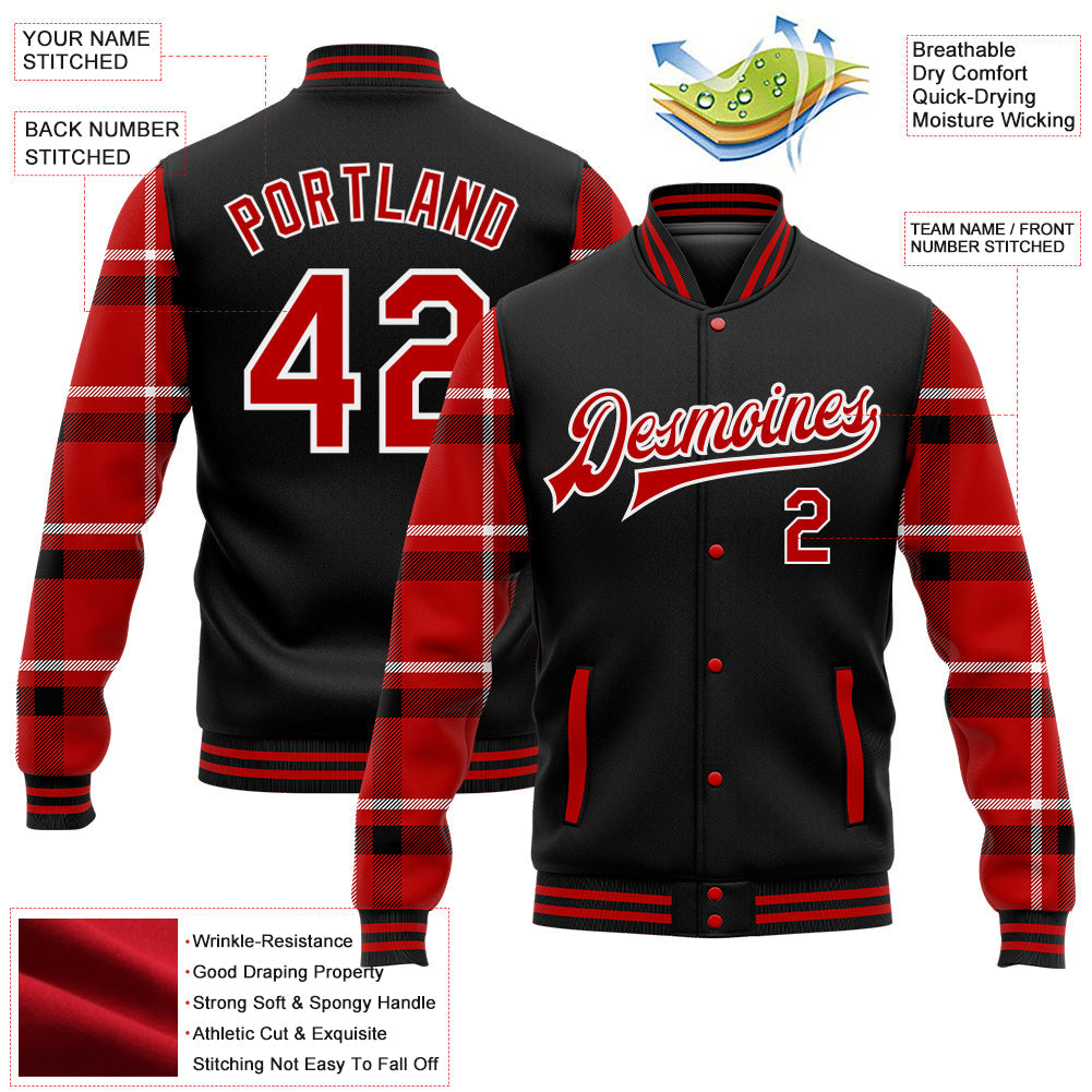 Custom Black Red-White Classic Western Plaid 3D Pattern Design Bomber Full-Snap Varsity Letterman Jacket view 5
