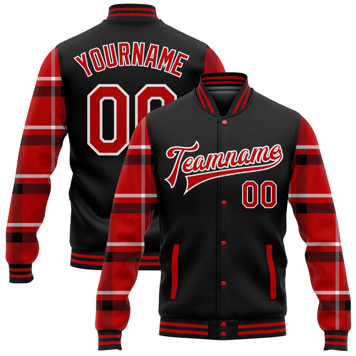 Custom Black Red-White Classic Western Plaid 3D Pattern Design Bomber Full-Snap Varsity Letterman Jacket - Main View