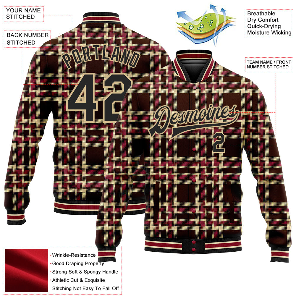 Custom Brown Black Vegas Gold City Cream-Crimson Classic Western Plaid 3D Pattern Design Bomber Full-Snap Varsity Letterman Jacket view 5