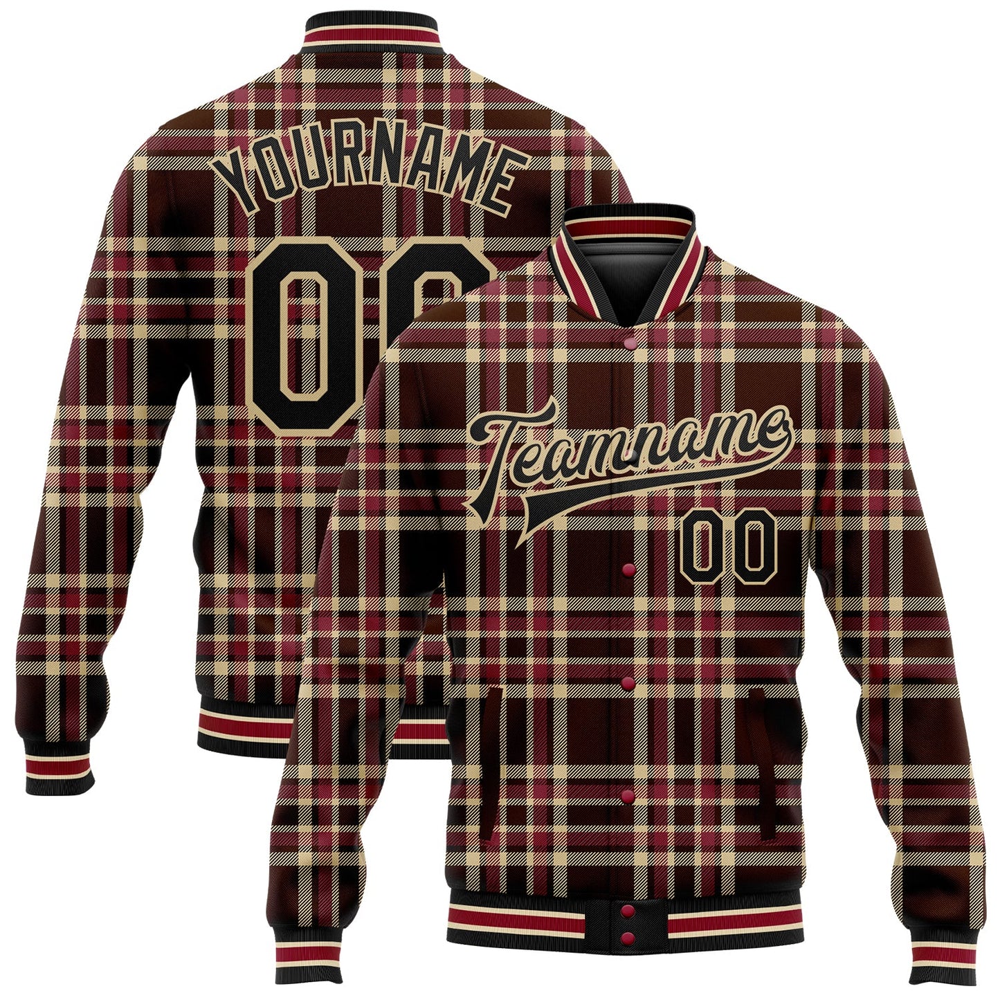 Custom Brown Black Vegas Gold City Cream-Crimson Classic Western Plaid 3D Pattern Design Bomber Full-Snap Varsity Letterman Jacket - Main View